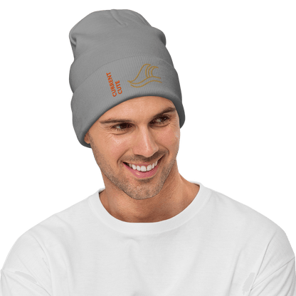 Ocean Waves Beanie – Embroidered Knit Hat with Custom Text worn by a smiling man in a gray knit hat.