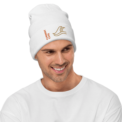 Ocean Waves Beanie – Embroidered Knit Hat with Custom Text worn by a man smiling in a casual white outfit.