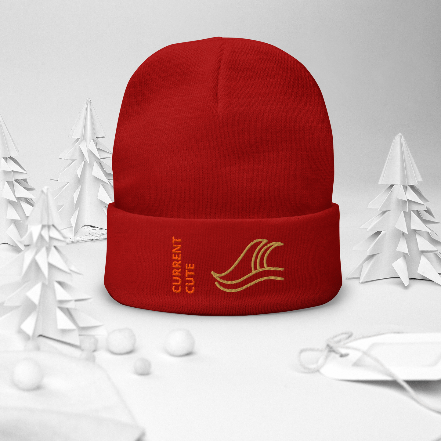 Ocean Waves Beanie – Embroidered Knit Hat with Custom Text in red featuring wave design and custom text.