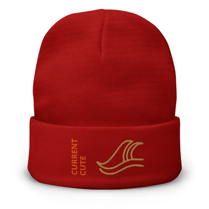 Ocean Waves Beanie – Embroidered Knit Hat with Custom Text in red with wave design