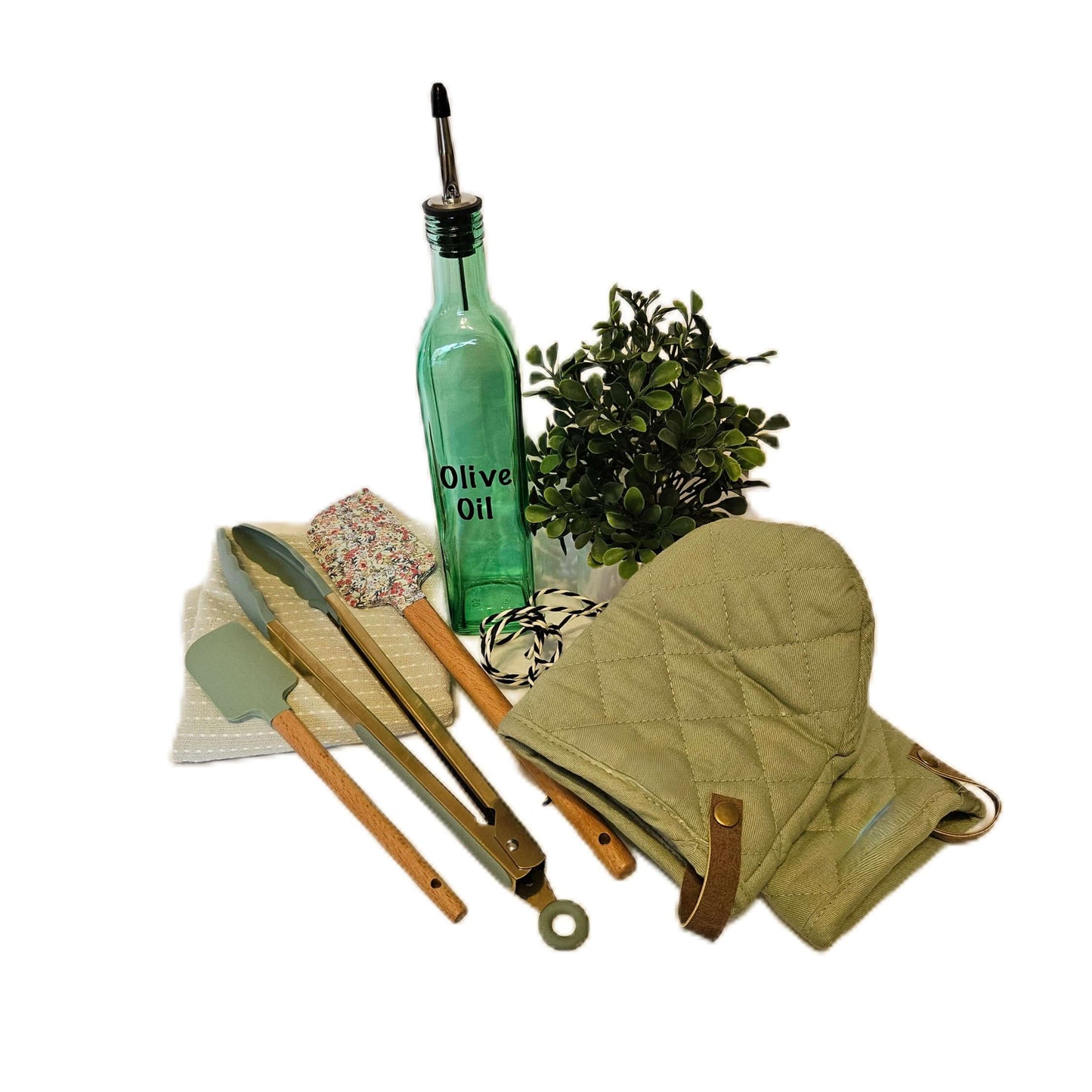 Personalized Home Warming Gift Basket with Engraved Cutting Board, featuring olive oil bottle and kitchen utensils.
