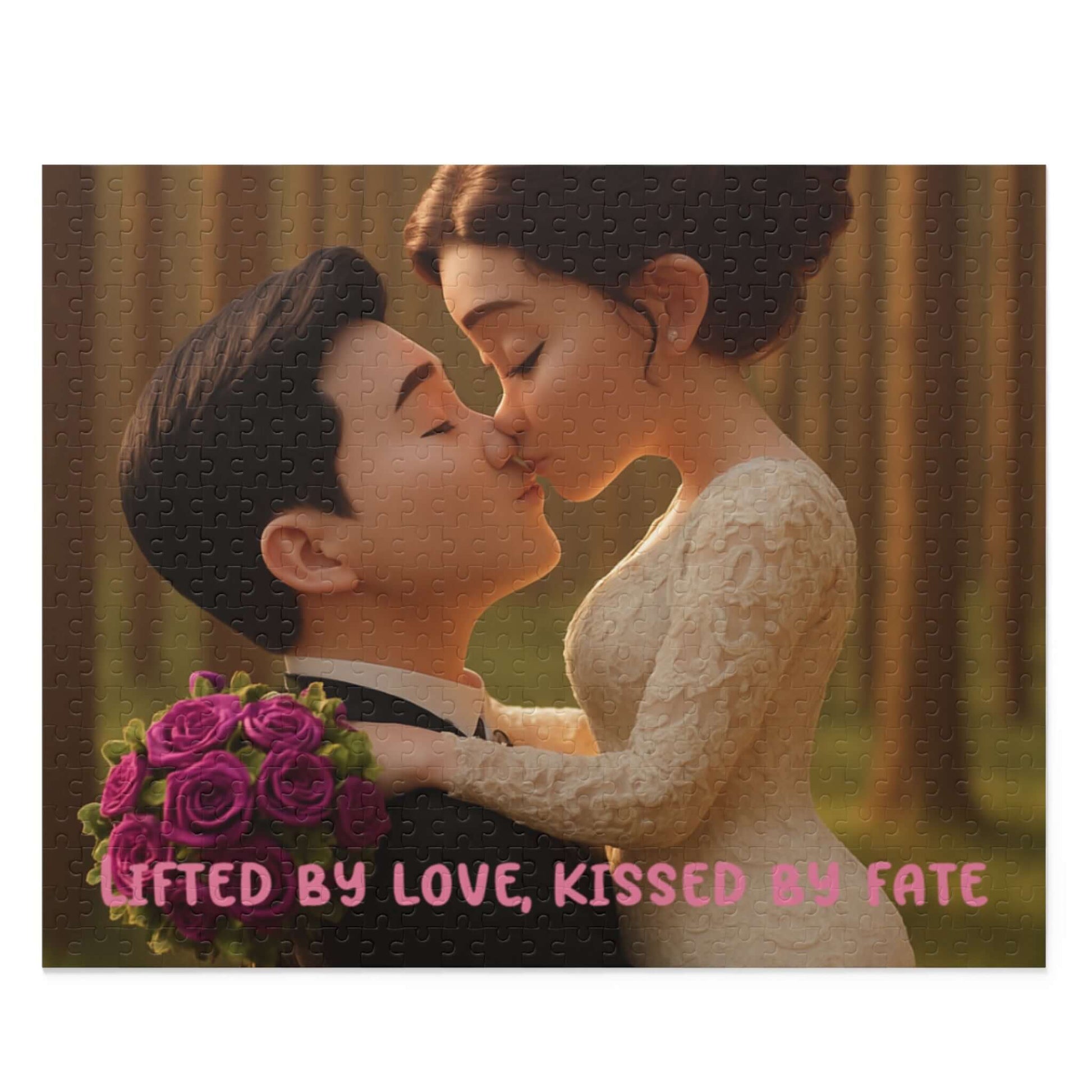 Keepsake 3D Cartoon Puzzle – Personalized Portrait with Illustrated Background of a couple kissing.