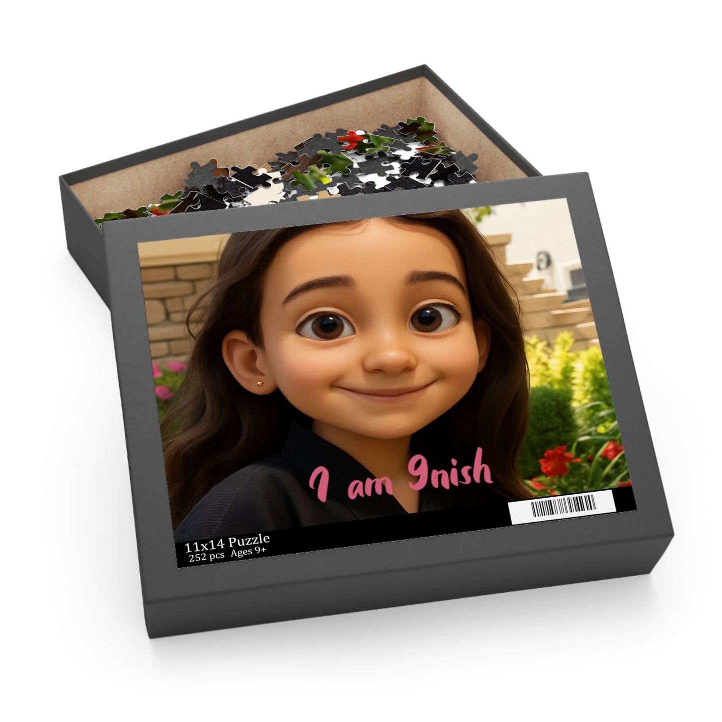 Keepsake 3D Cartoon Puzzle – Personalized Portrait with Illustrated Background in decorative box with puzzle pieces.