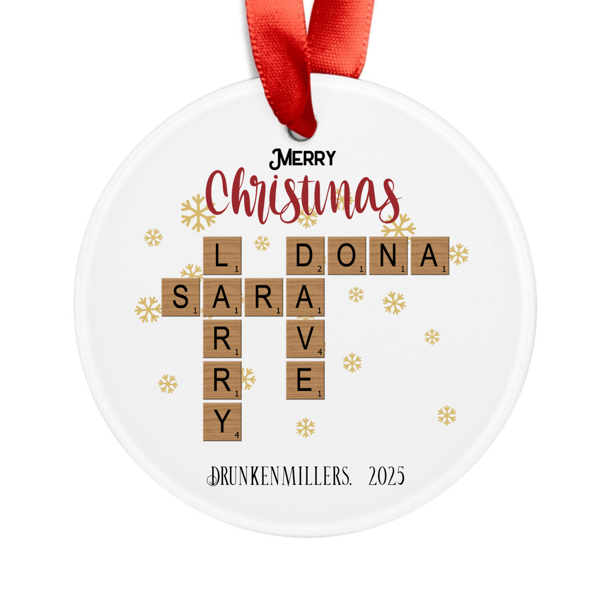 Personalized Acrylic Ornament with Family Crossword & Ribbon featuring names in a crossword style design.