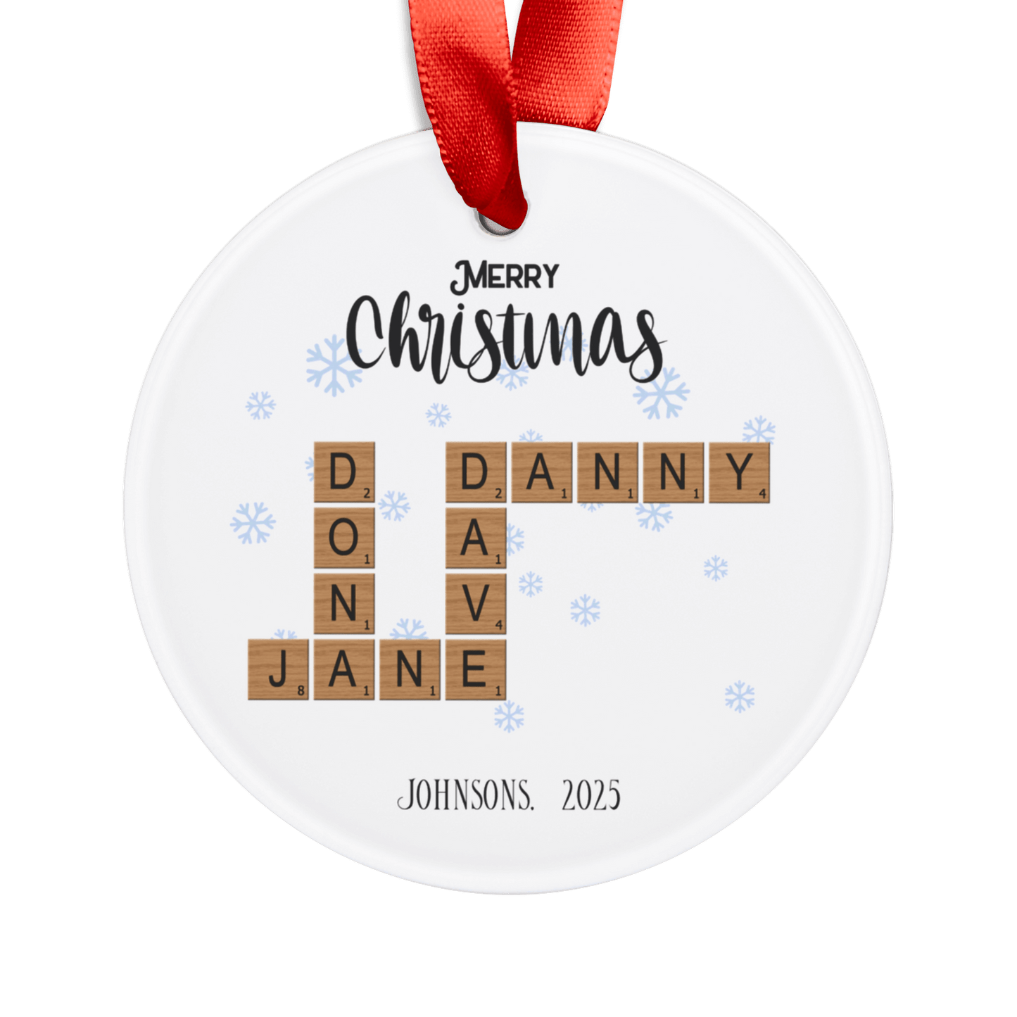 Personalized Acrylic Ornament with Family Crossword & Ribbon featuring family names in a crossword design.