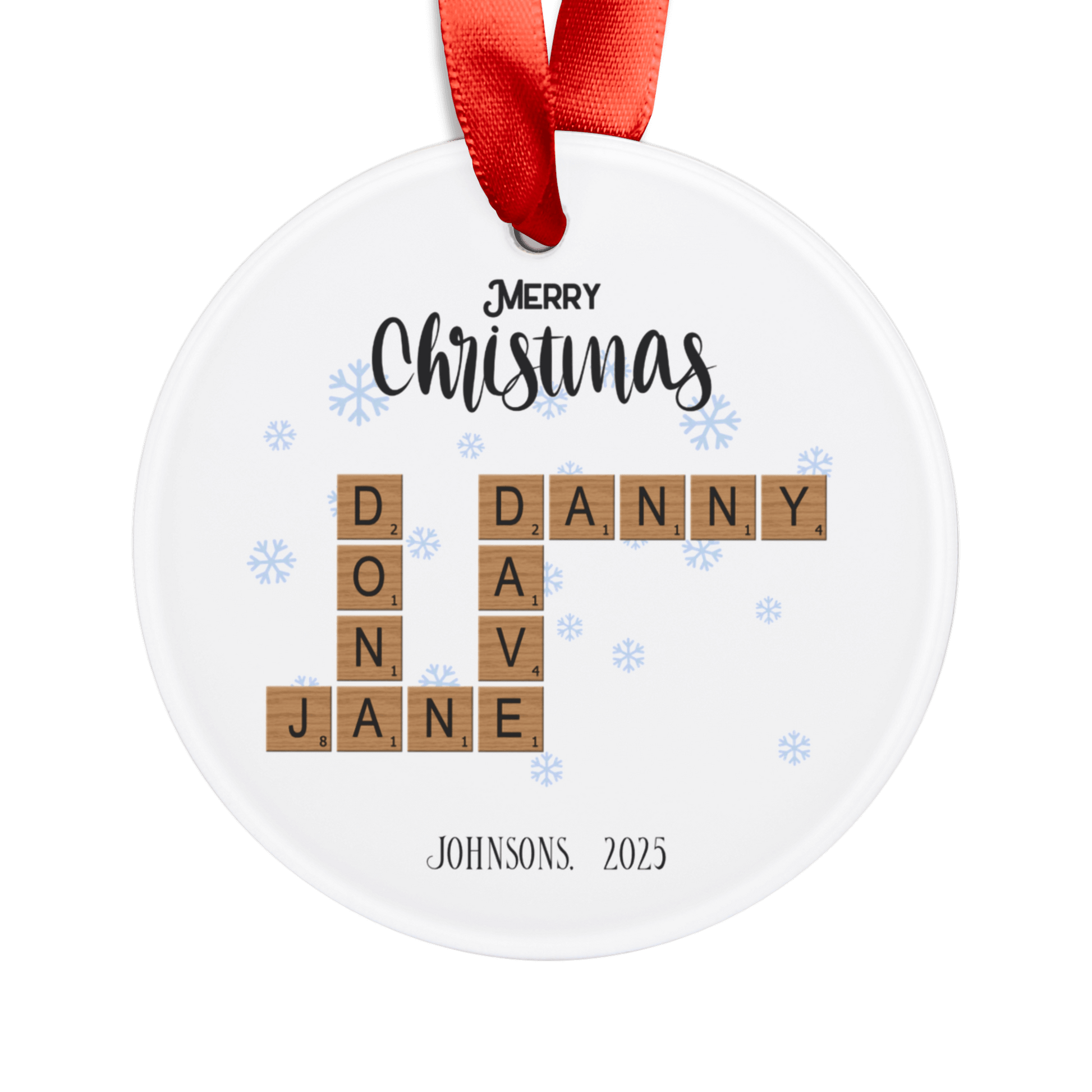 Personalized Acrylic Ornament with Family Crossword & Ribbon featuring family names in a crossword design.