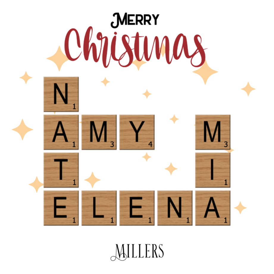 Personalized Acrylic Ornament with Family Crossword & Ribbon showcasing family names in a crossword design.