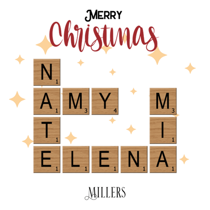 Personalized Acrylic Ornament with Family Crossword & Ribbon showcasing family names in a crossword design.