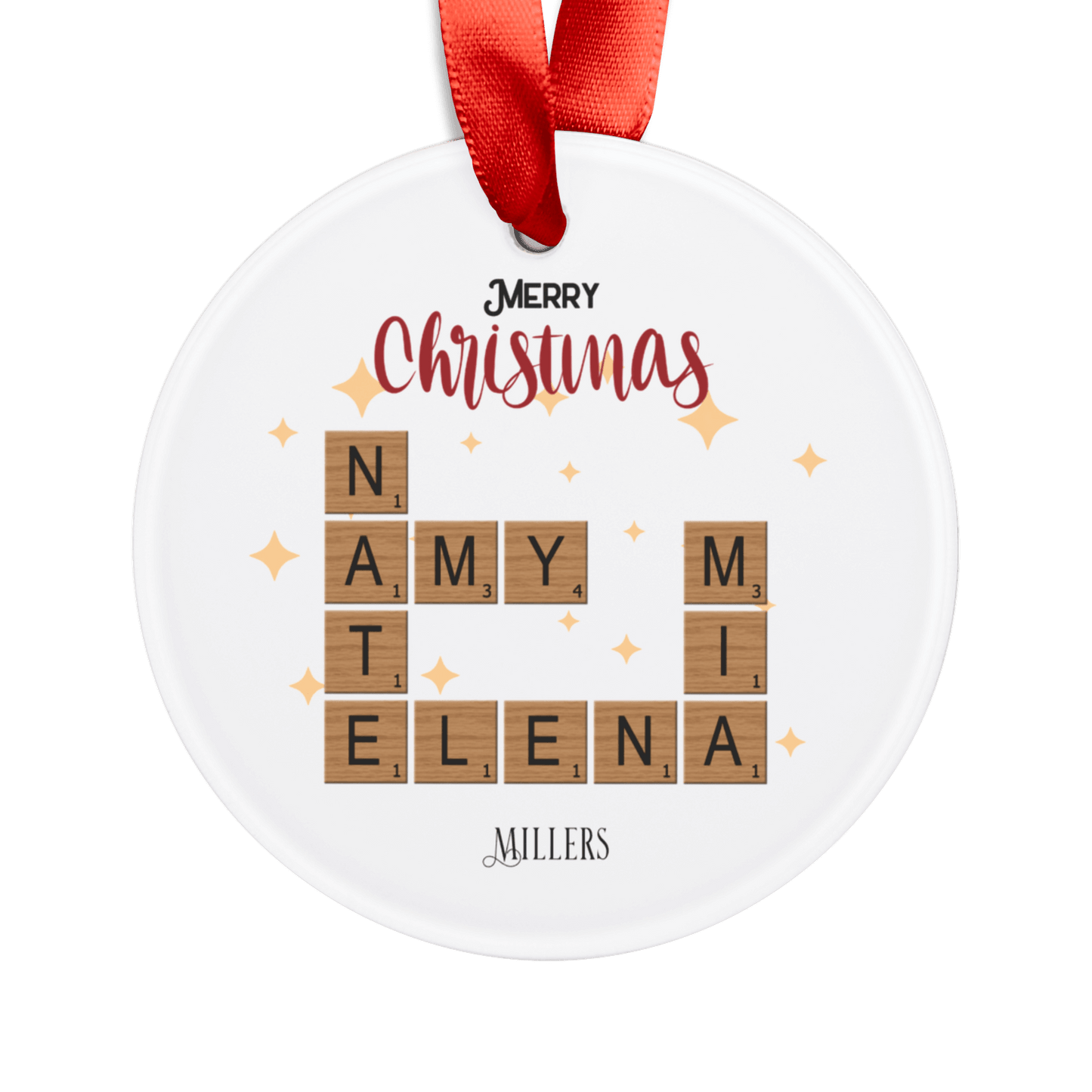 Personalized Acrylic Ornament with Family Crossword & Ribbon featuring family names in a festive design.
