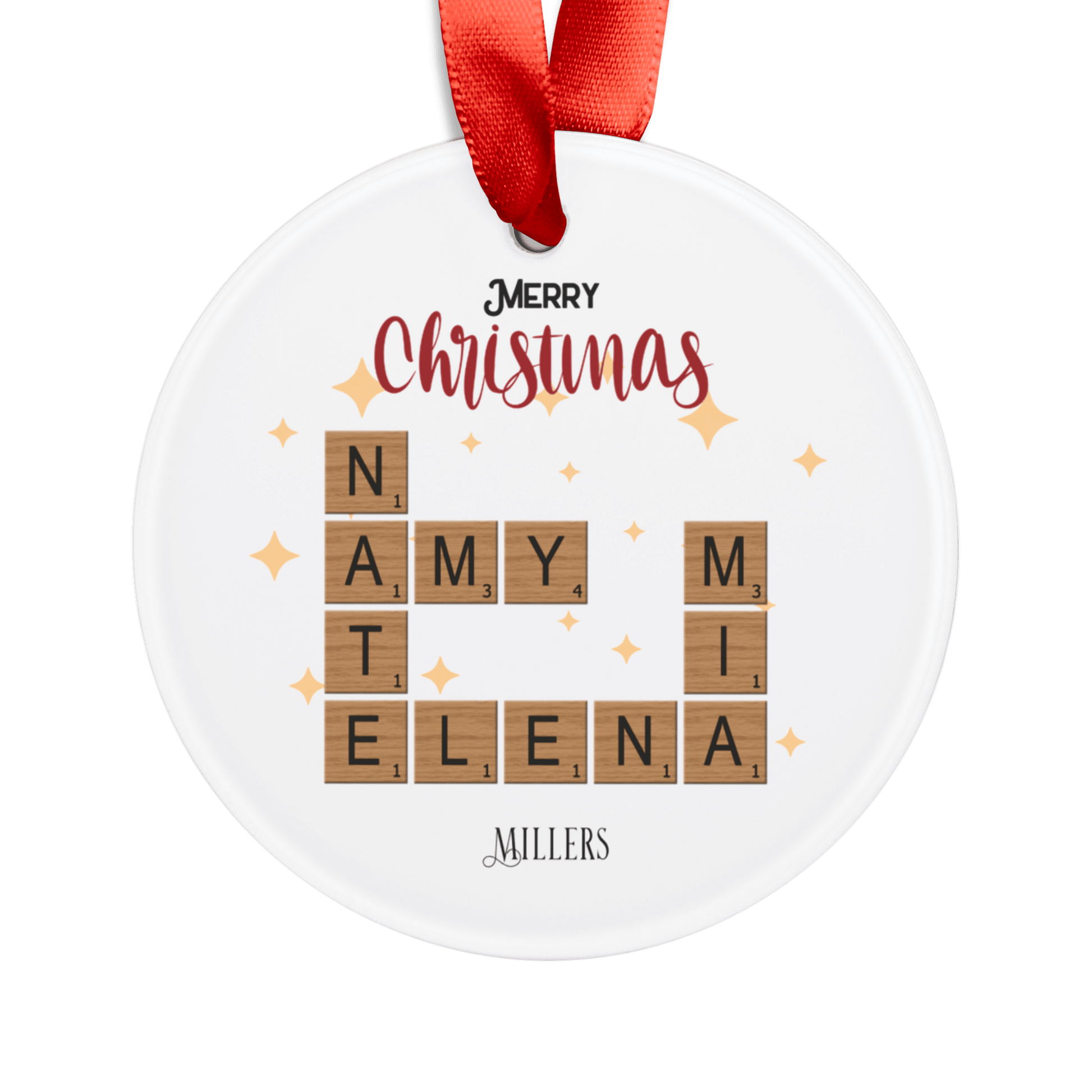 Personalized Acrylic Ornament with Family Crossword & Ribbon featuring family names in a festive design.