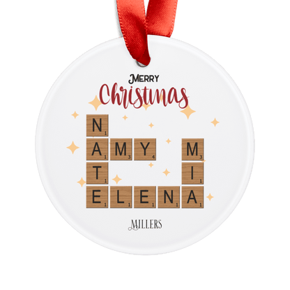 Personalized Acrylic Ornament with Family Crossword & Ribbon featuring family names in a festive design.