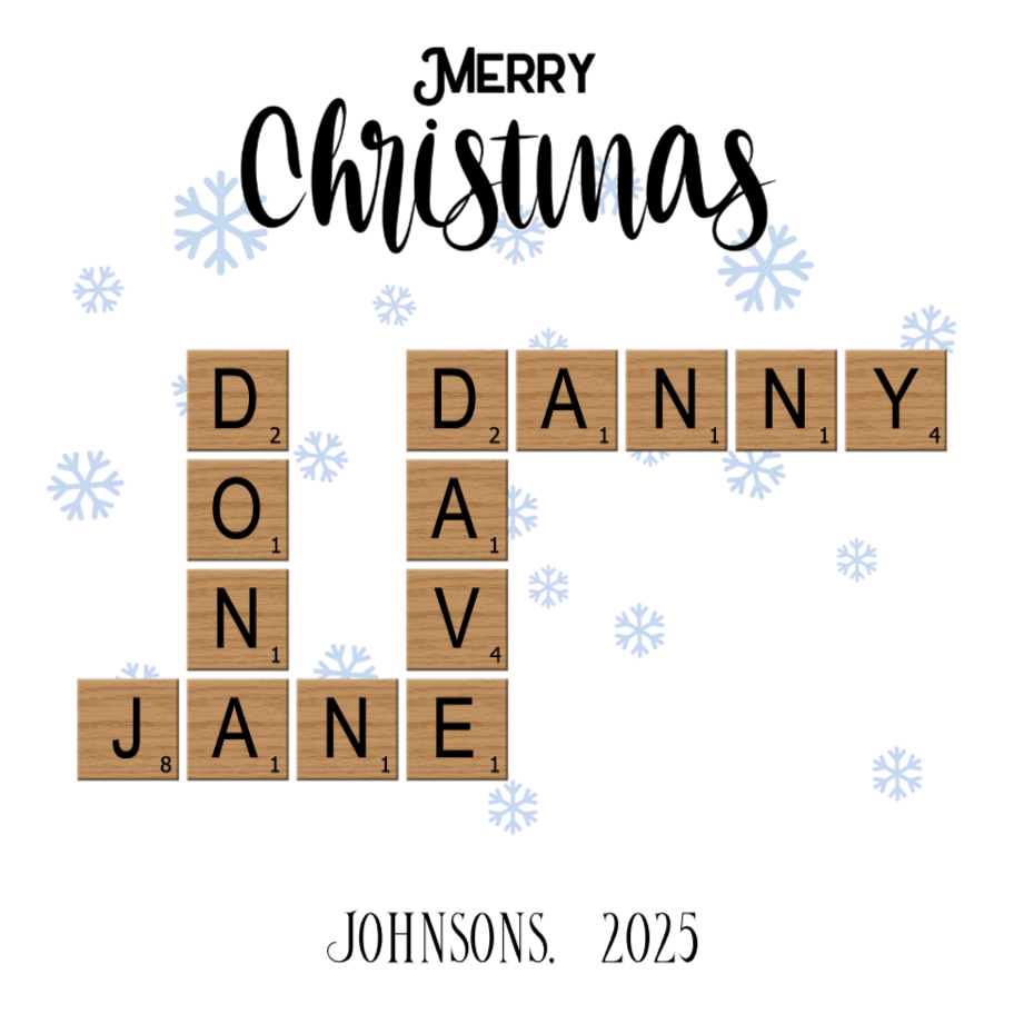 Personalized Acrylic Ornament with Family Crossword & Ribbon featuring walnut block lettering names.