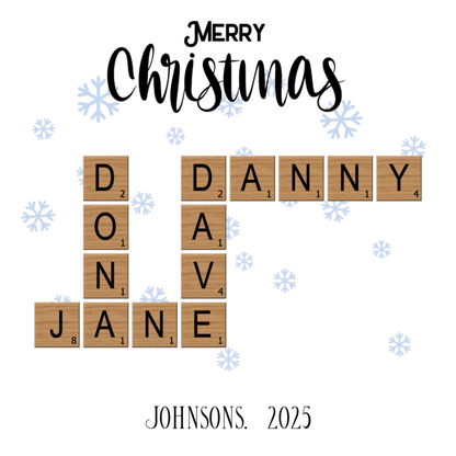 Personalized Acrylic Ornament with Family Crossword & Ribbon featuring walnut block lettering names.