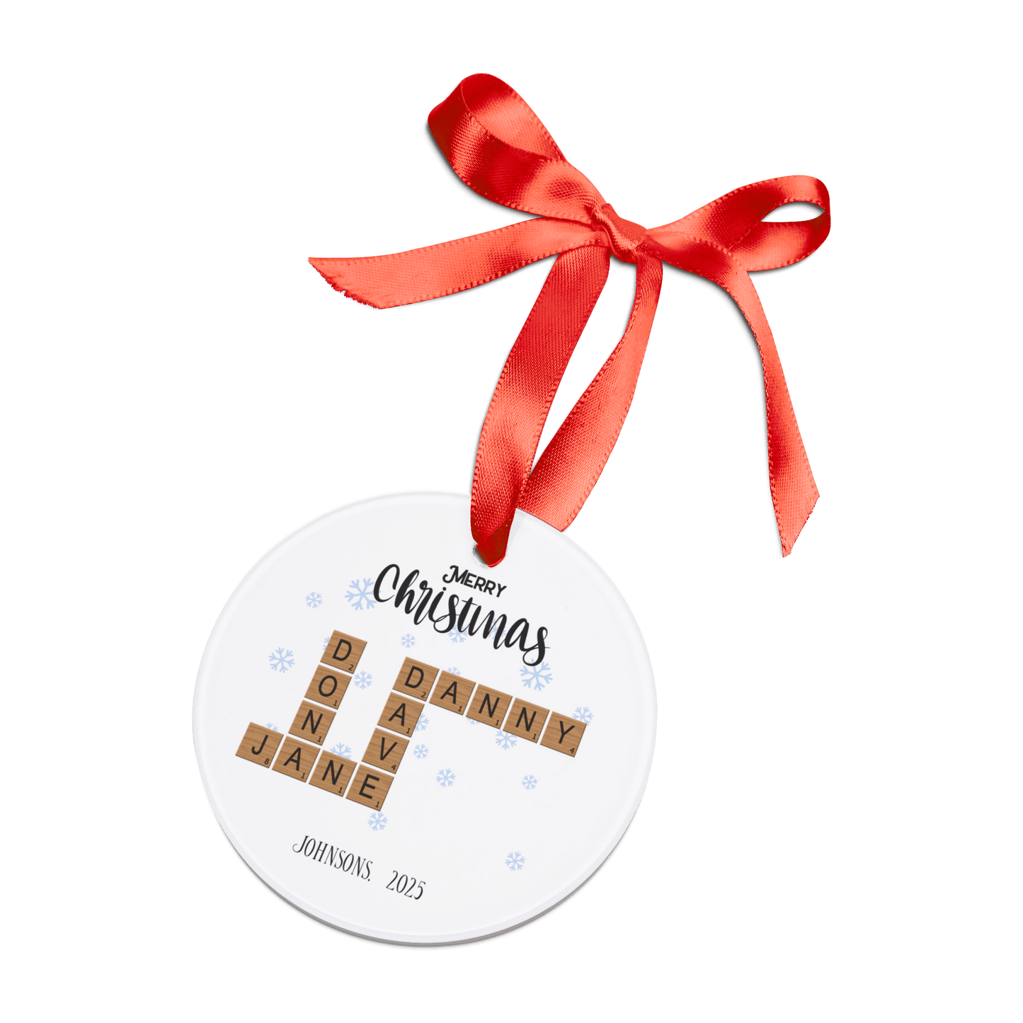 Personalized Acrylic Ornament with Family Crossword & Ribbon featuring family names in crossword design.