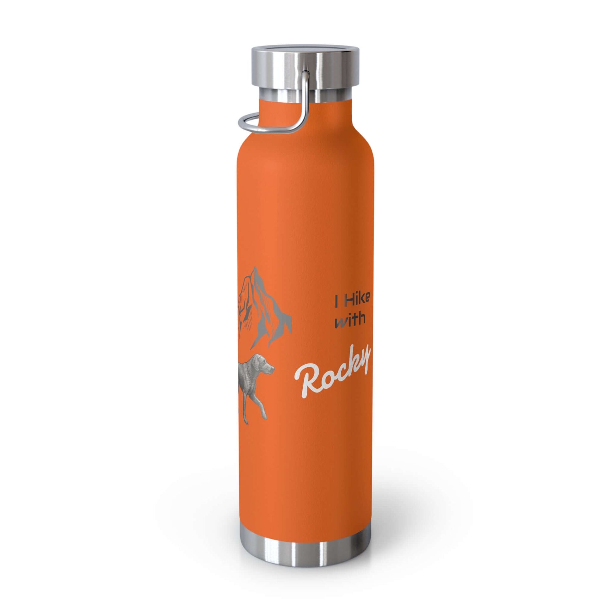 Personalized orange hiking bottle with outdoor design, featuring text 'I Hike with Rocky' and mountain graphics.