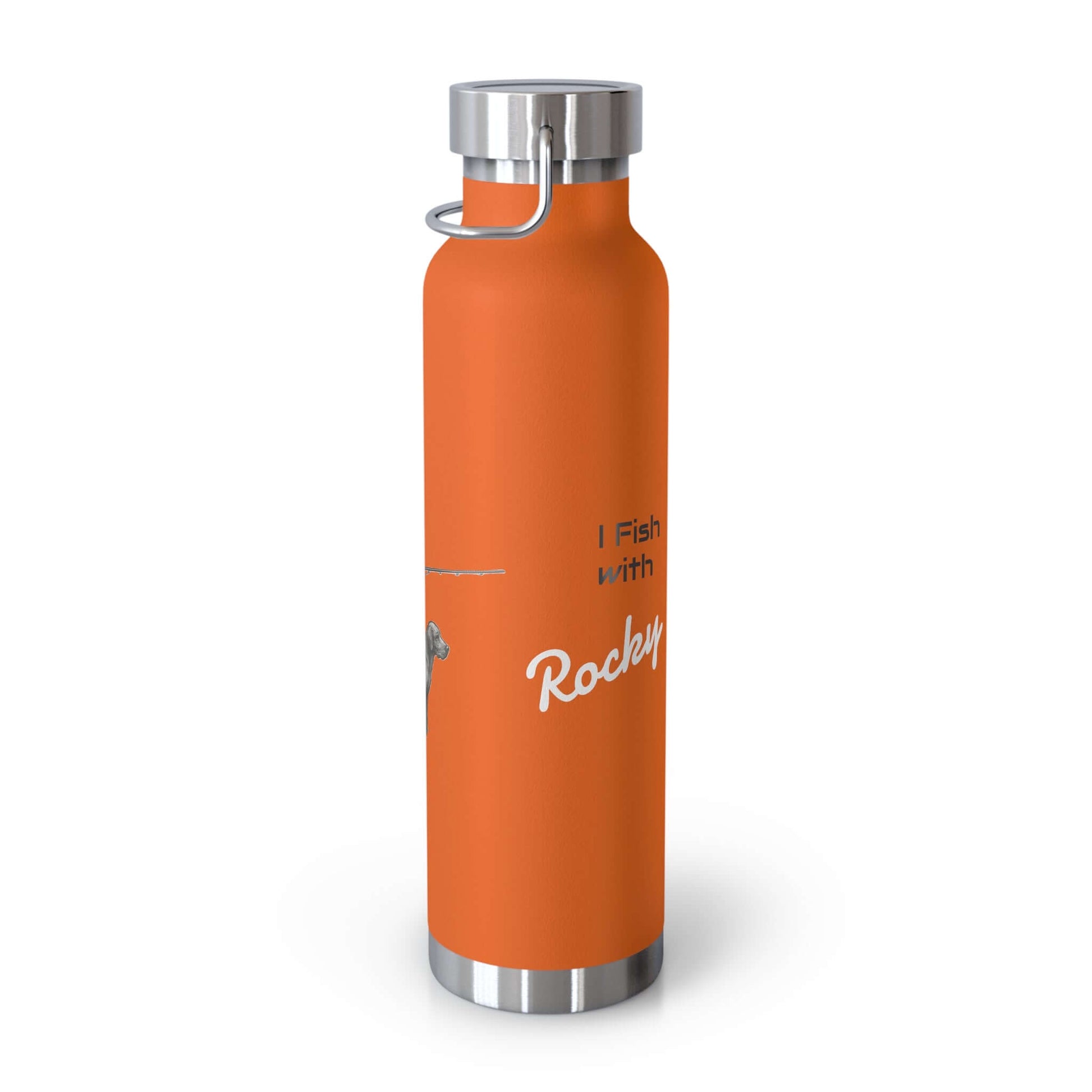 Personalized orange insulated bottle with fishing theme, featuring 'I Fish with Rocky' design.