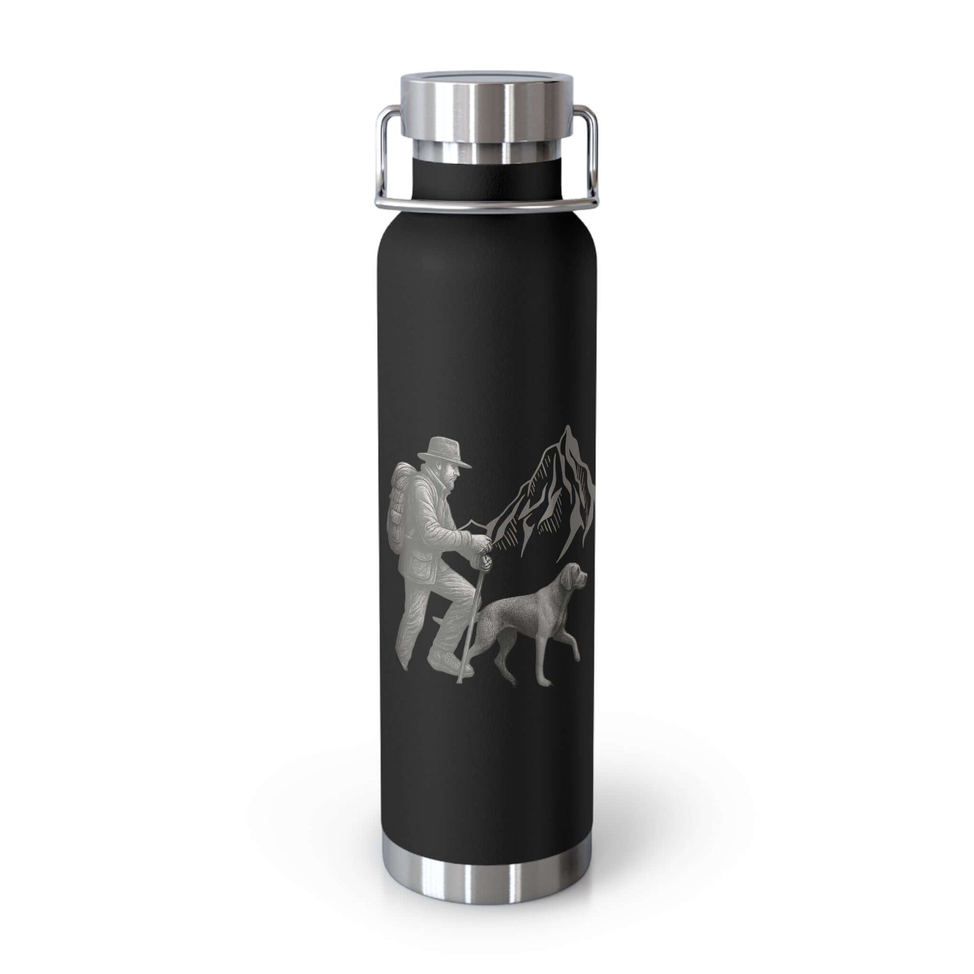 Personalized hiking bottle with mountain design, featuring a hiker and dog, perfect for outdoor adventures.