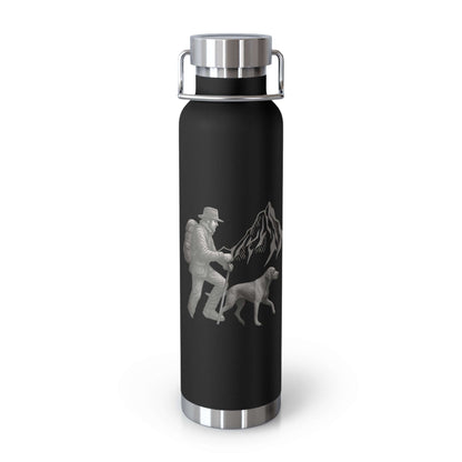 Personalized hiking bottle with mountain design, featuring a hiker and dog, perfect for outdoor adventures.