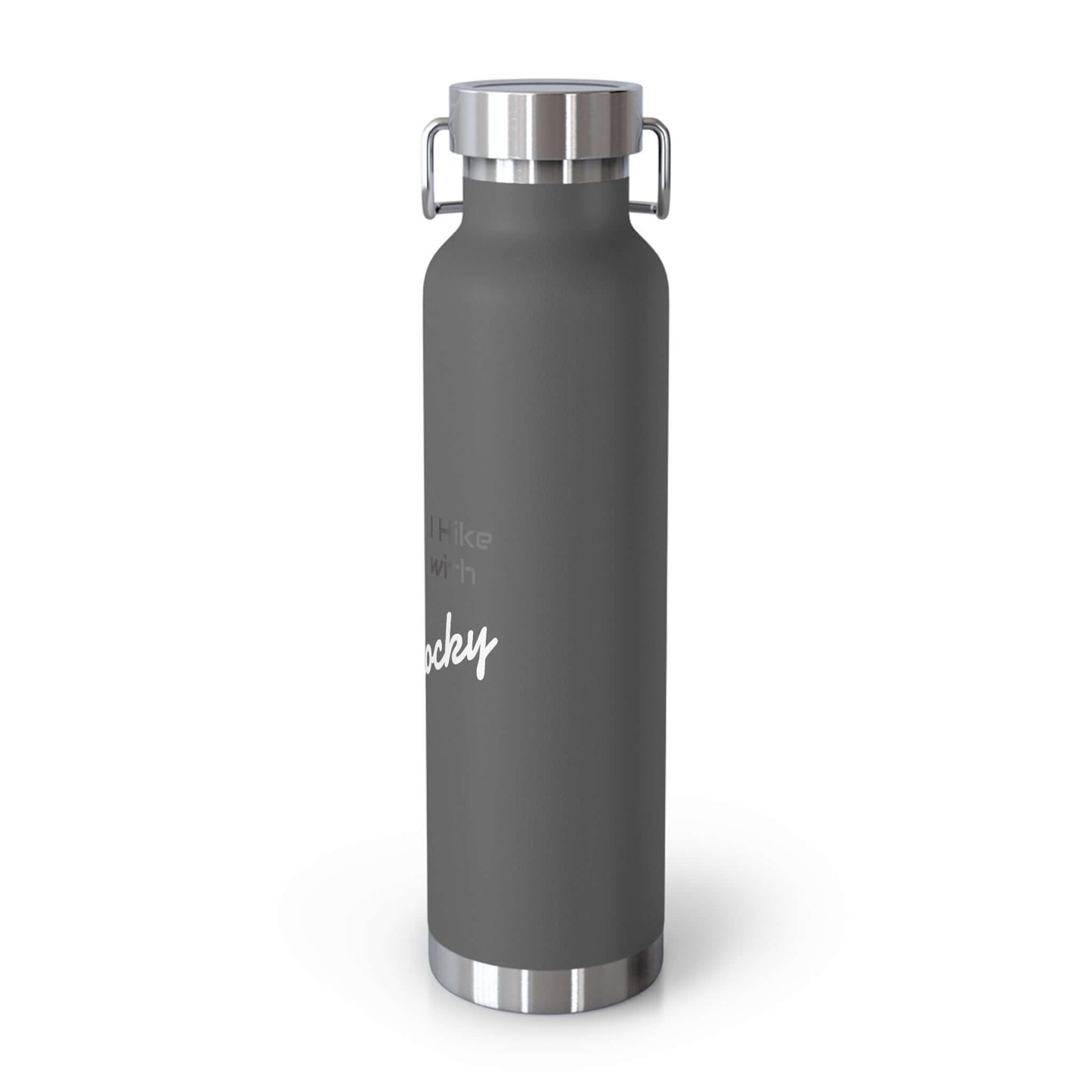 Personalized insulated hiking water bottle with sleek gray design and metallic accents for outdoor adventures.