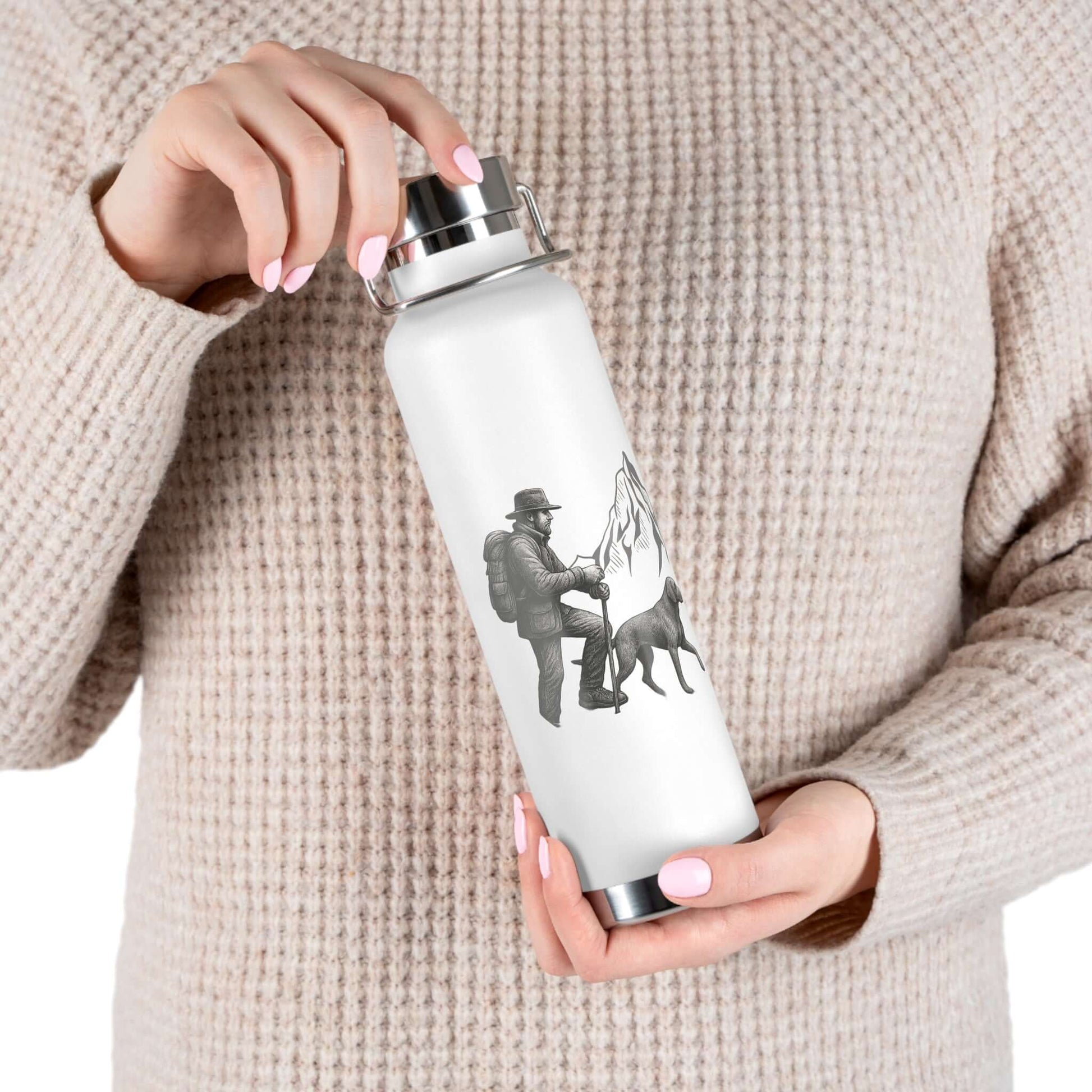Personalized hiking bottle featuring a camper and dog design, perfect for outdoor adventures and keeping drinks insulated.