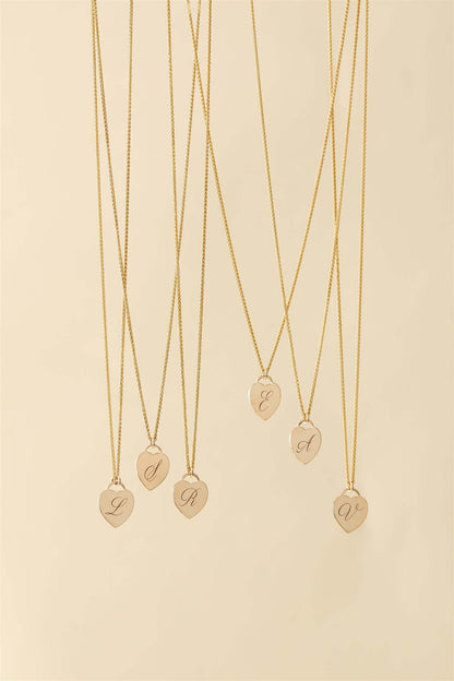 Alice Initial Necklace – Personalized 14k Gold-Filled Heart featuring engraved heart charms on wheat chains.