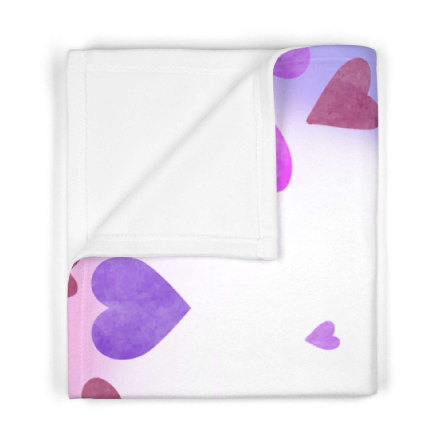 Personalized baby blanket with heart-themed design in pink and purple colors, soft fleece for cozy comfort.