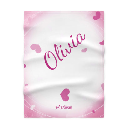Personalized pink heart-themed baby blanket with name Olivia and date 9/15/2025, perfect for cozy nurseries.