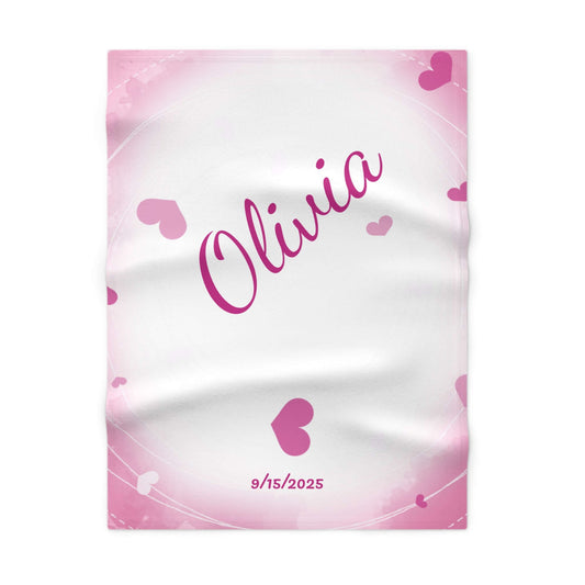 Personalized pink heart-themed baby blanket with name Olivia and date 9/15/2025, perfect for cozy nurseries.
