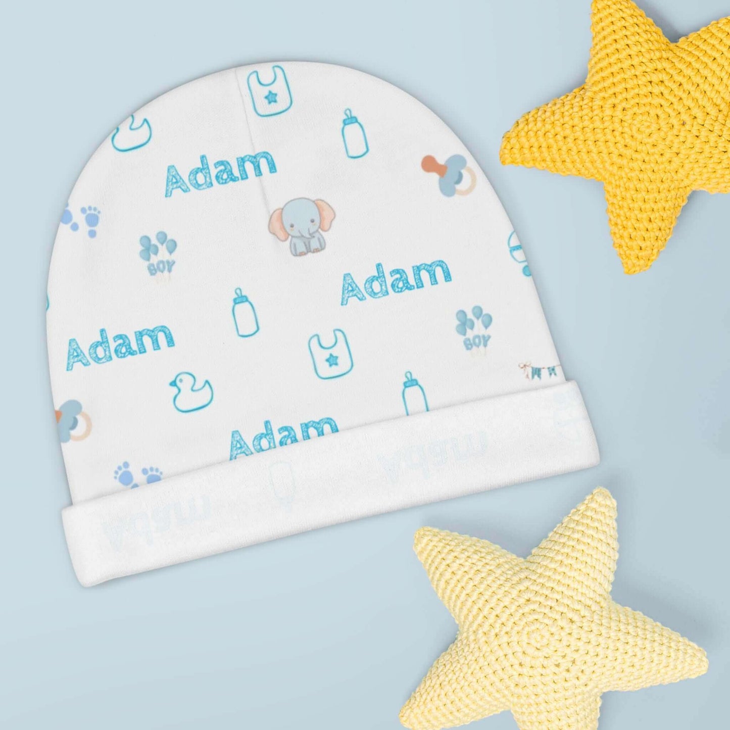 Personalized Baby Boy Beanie – Custom Name Infant Hat with Adam, nursery icons, and bright blue design.