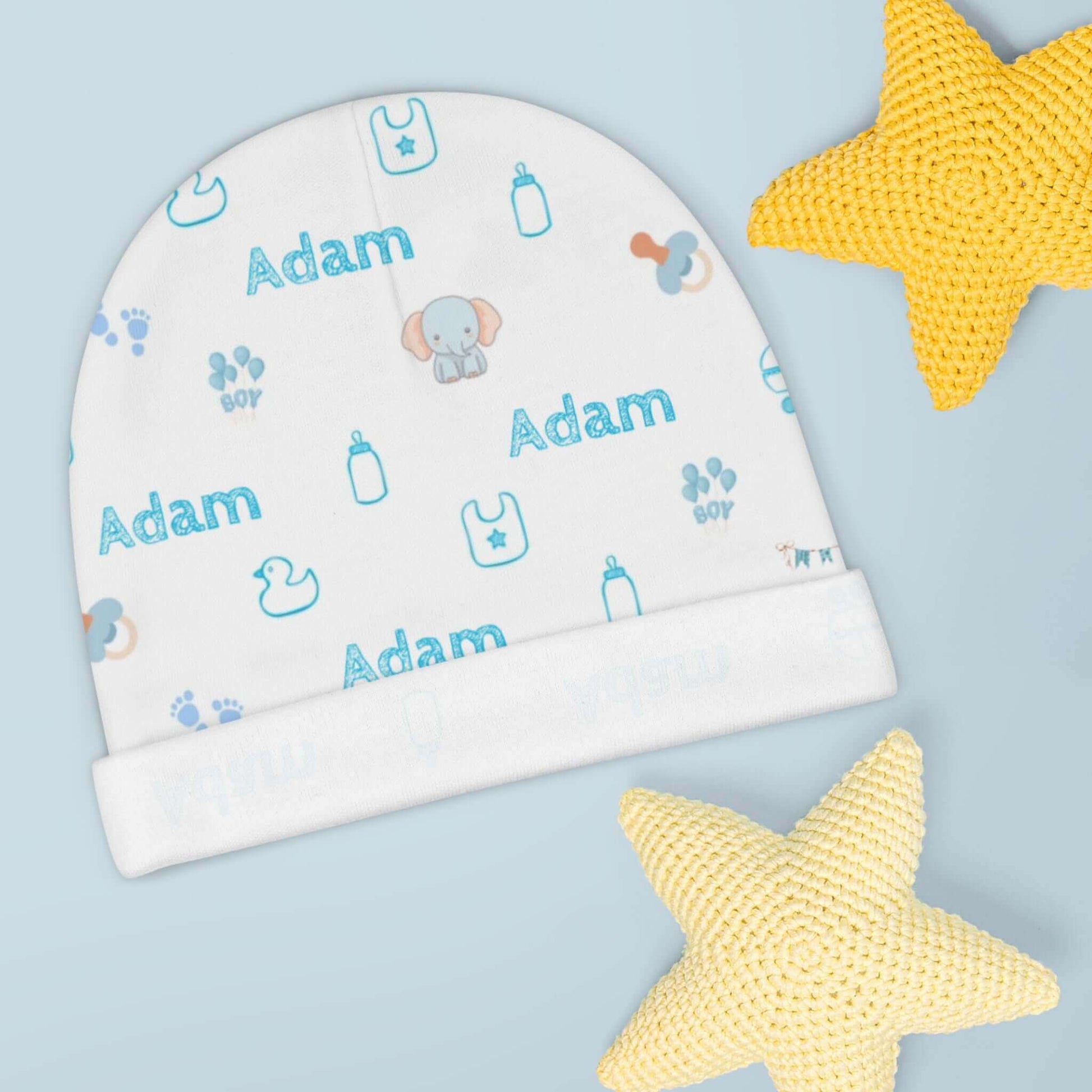 Personalized Baby Boy Beanie – Custom Name Infant Hat with Adam, nursery icons, and bright blue design.