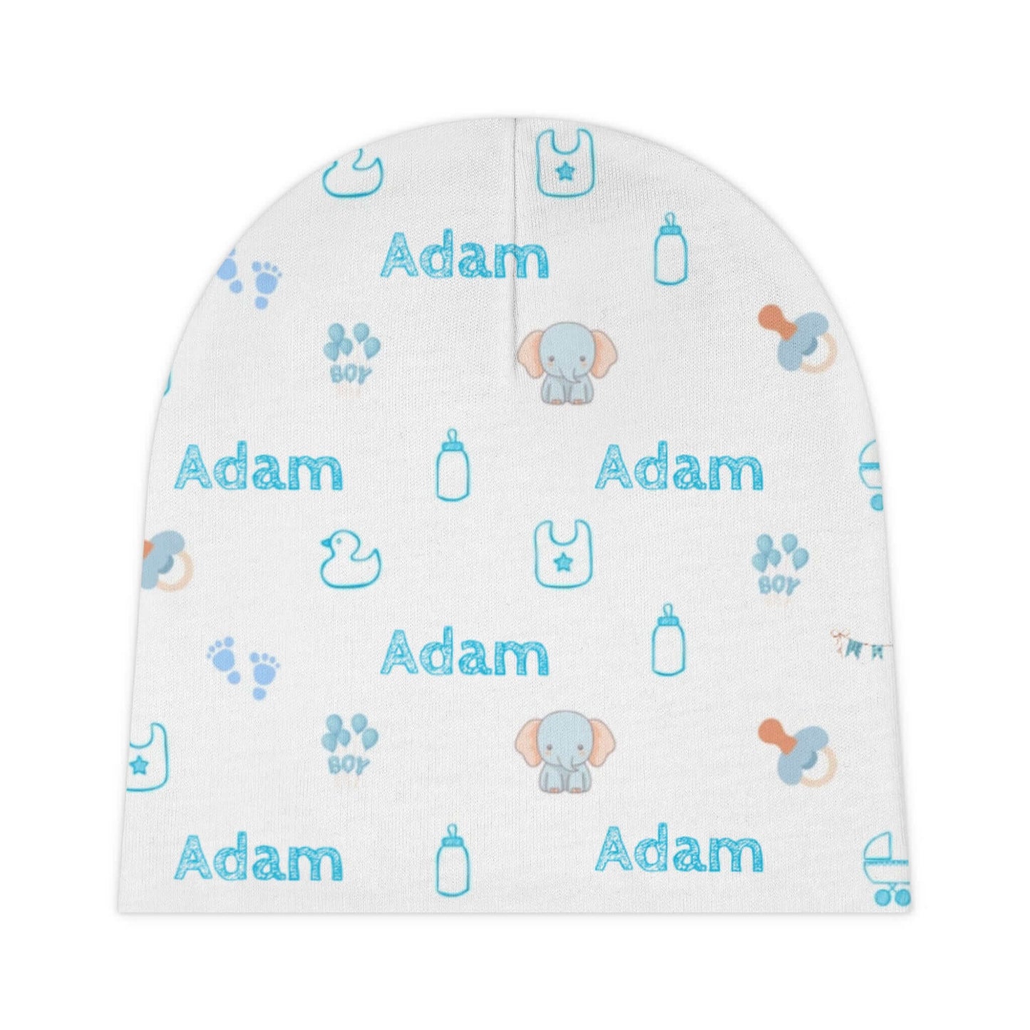 Personalized Baby Boy Beanie – Custom Name Infant Hat with playful nursery icons and the name Adam printed in blue.