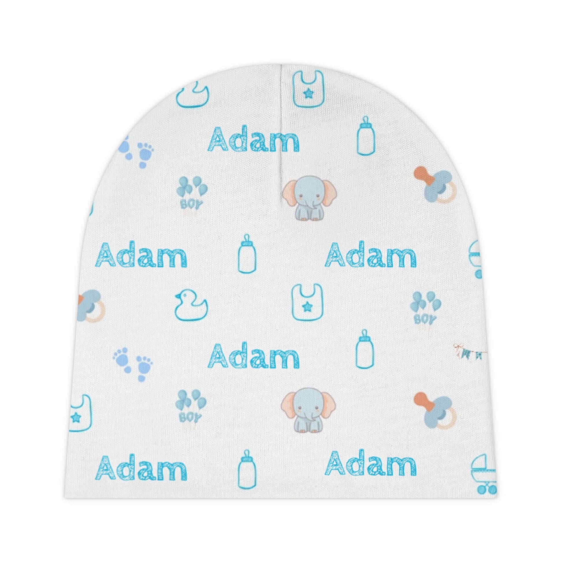 Personalized Baby Boy Beanie – Custom Name Infant Hat with playful nursery icons and the name Adam printed in blue.