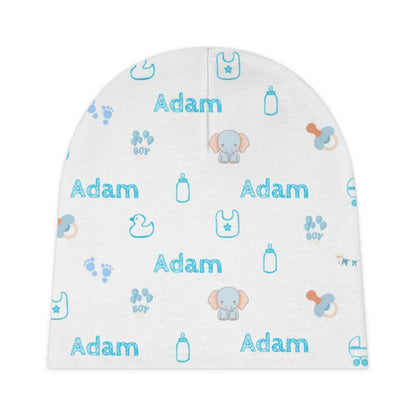 Personalized Baby Boy Beanie – Custom Name Infant Hat with playful nursery icons and the name Adam printed in blue.