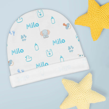 Personalized Baby Boy Beanie – Custom Name Infant Hat featuring baby motifs and blue text for custom name 'Milo'.