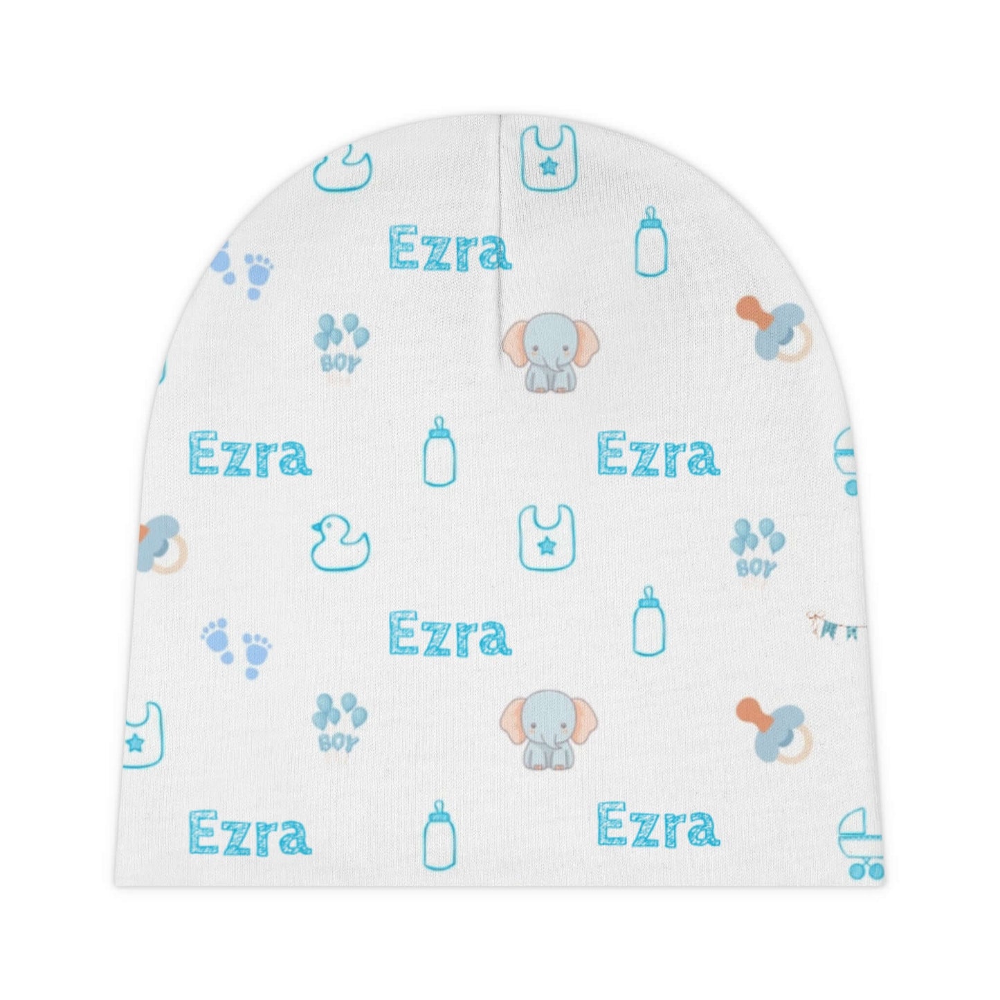 Personalized Baby Boy Beanie – Custom Name Infant Hat featuring the name Ezra and playful nursery icons in blue.