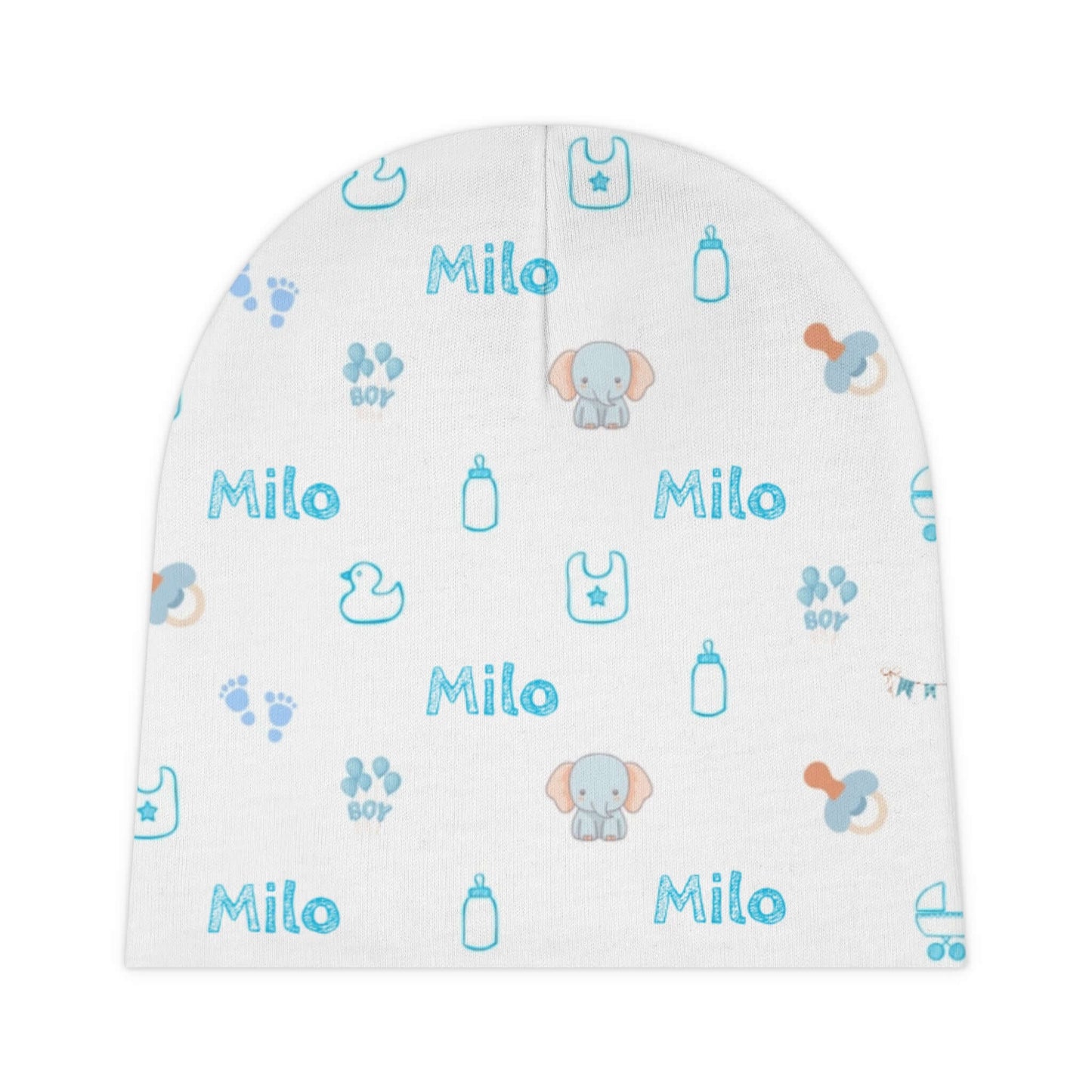 Personalized Baby Boy Beanie – Custom Name Infant Hat with adorable nursery icons and name 'Milo' in cheerful blue.