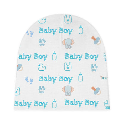 Personalized Baby Boy Beanie – Custom Name Infant Hat featuring playful nursery icons and a cheerful blue design.