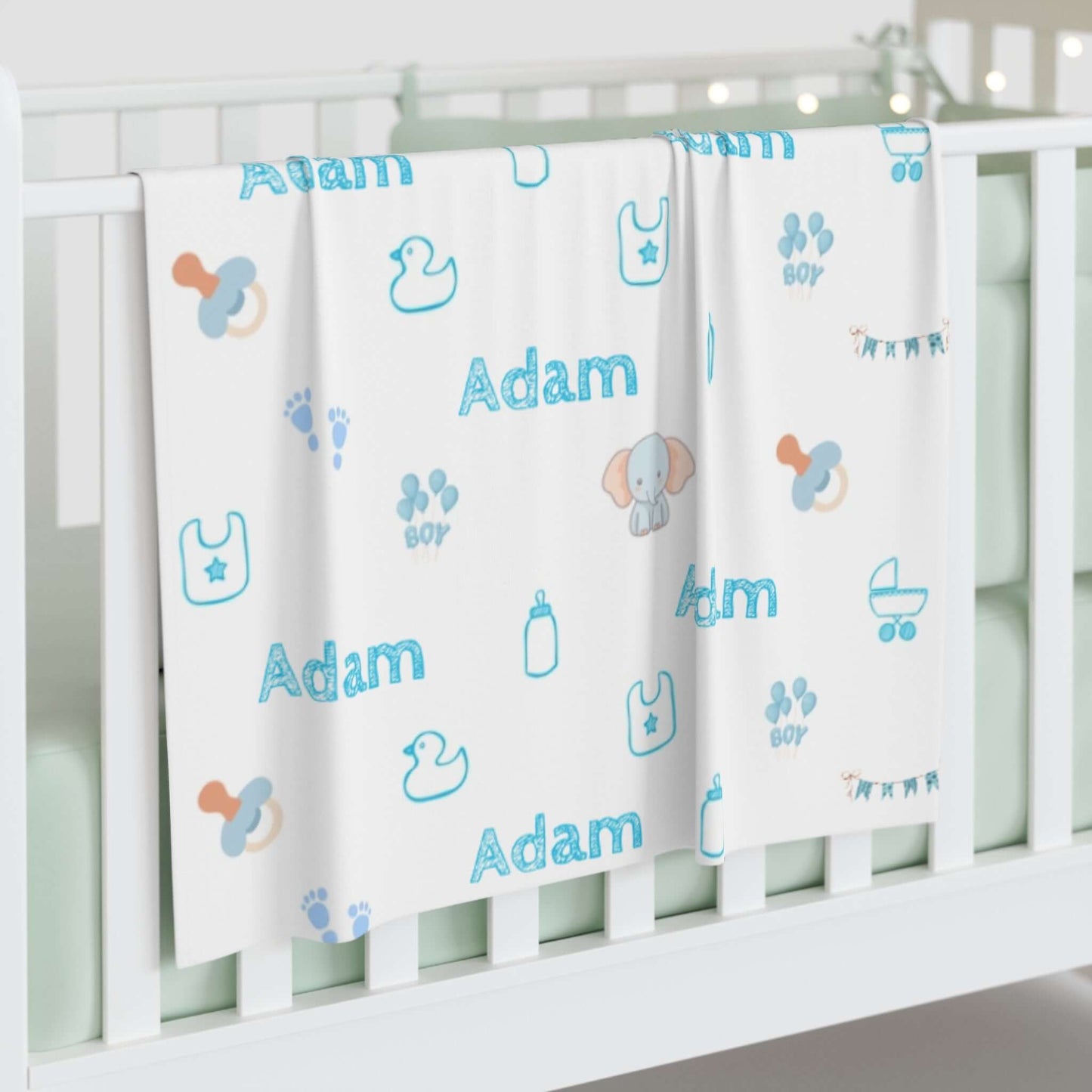 Personalized Baby Boy Blanket – Custom Swaddle with Name & Nursery Icons displayed on crib.