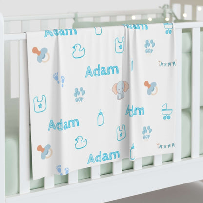 Personalized Baby Boy Blanket – Custom Swaddle with Name & Nursery Icons displayed on crib.