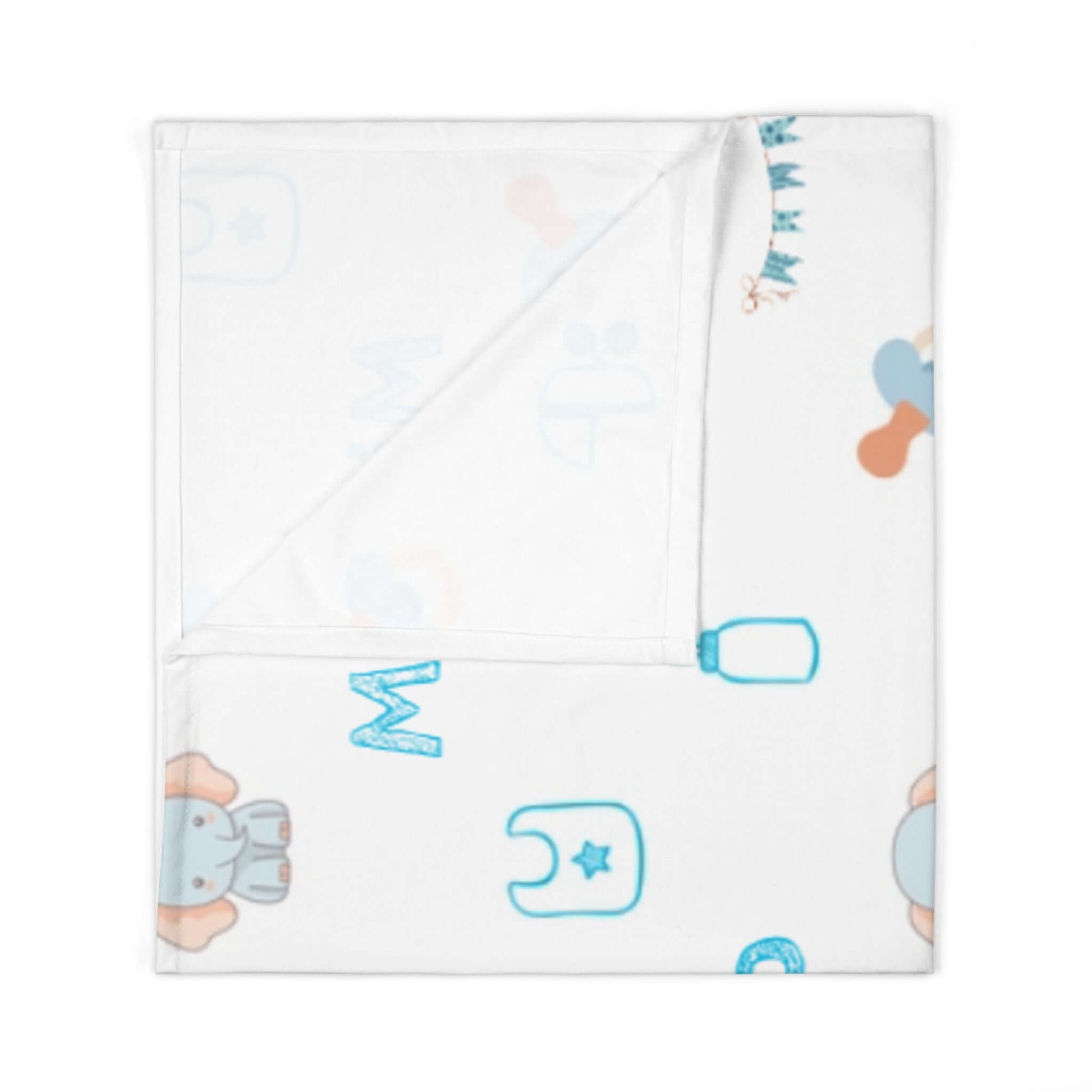 Personalized Baby Boy Blanket – Custom Swaddle with Name & Nursery Icons featuring playful elephant and bottle design.