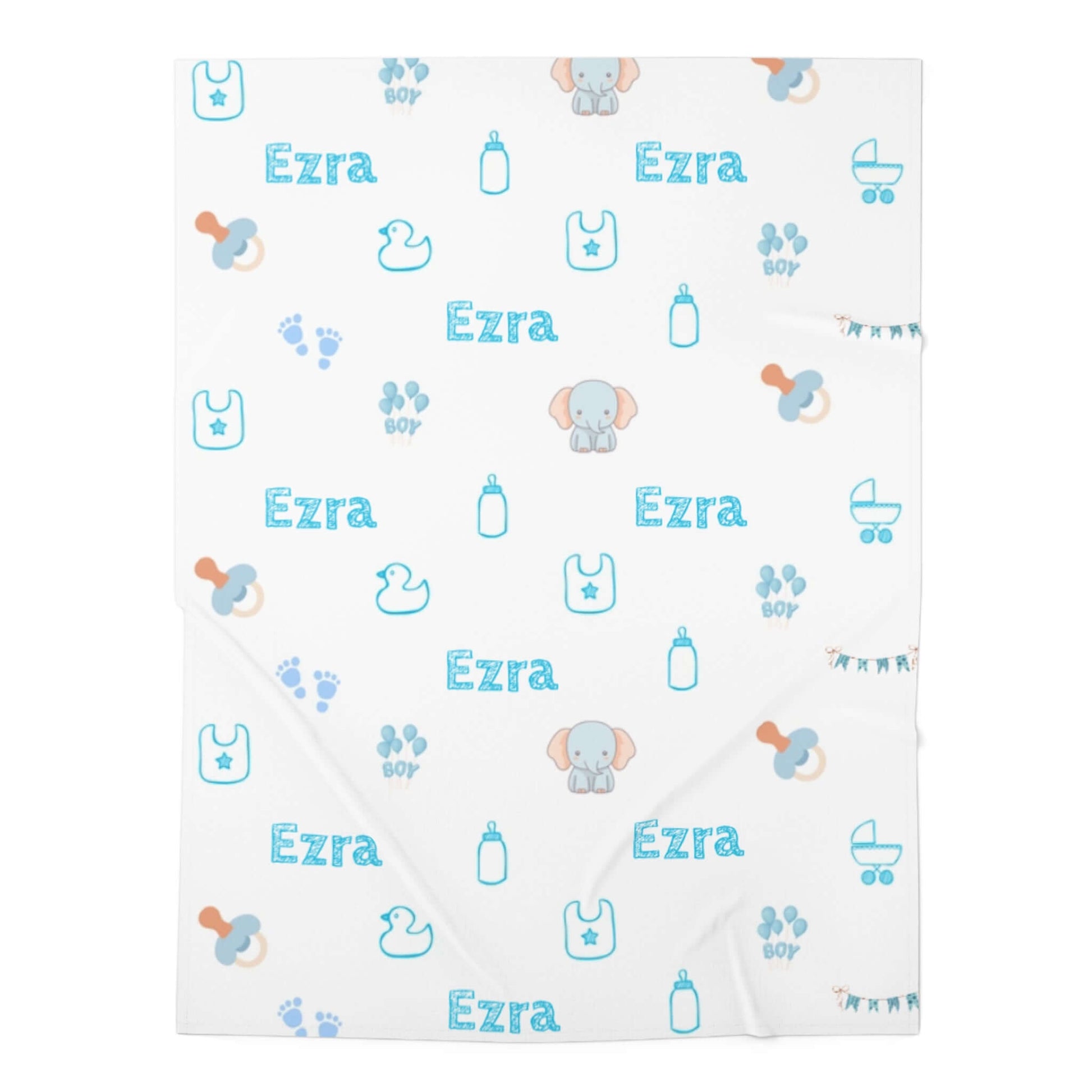 Personalized Baby Boy Blanket – Custom Swaddle with Name & Nursery Icons featuring 'Ezra' in blue with playful nursery icons.