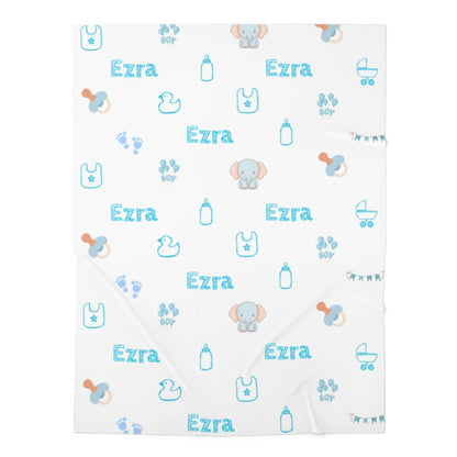 Personalized Baby Boy Blanket – Custom Swaddle with Name & Nursery Icons featuring 'Ezra' in blue with playful nursery icons.