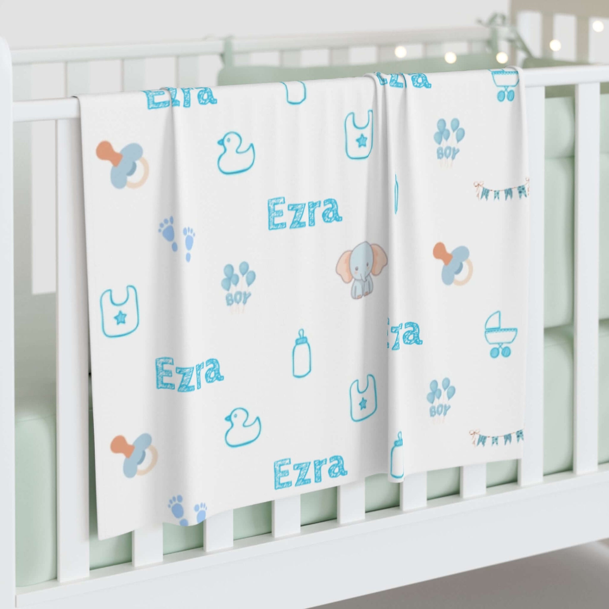 Personalized Baby Boy Blanket – Custom Swaddle with Name & Nursery Icons featuring baby's name and playful nursery designs.