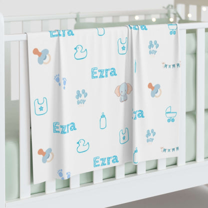 Personalized Baby Boy Blanket – Custom Swaddle with Name & Nursery Icons featuring baby's name and playful nursery designs.