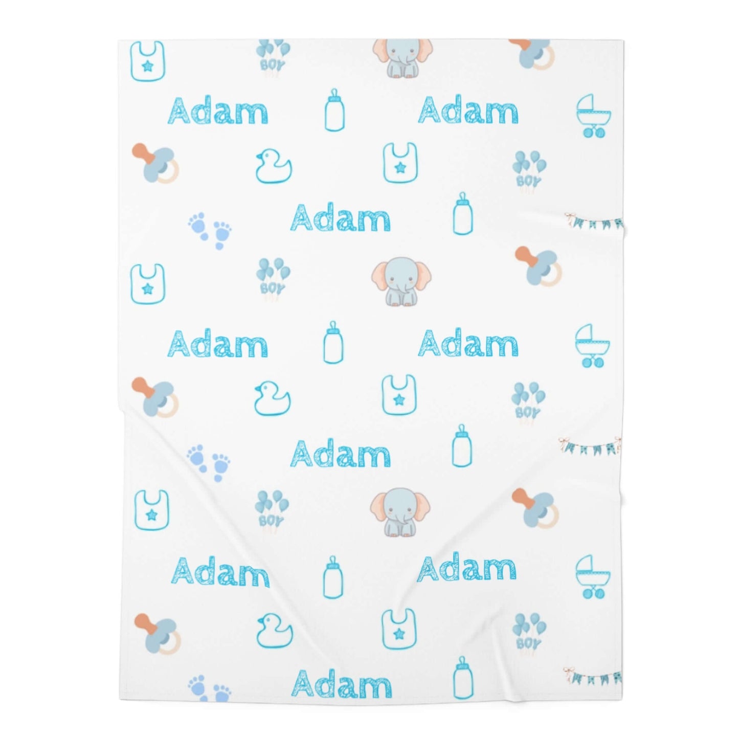 Personalized Baby Boy Blanket – Custom Swaddle with Name & Nursery Icons featuring playful designs and baby name Adam.