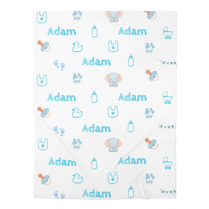 Personalized Baby Boy Blanket – Custom Swaddle with Name & Nursery Icons featuring playful designs and baby name Adam.