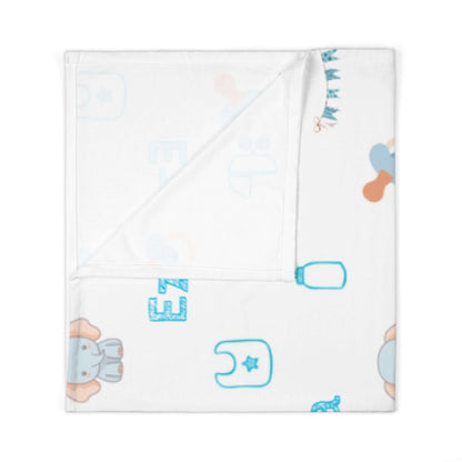 Personalized Baby Boy Blanket – Custom Swaddle with Name & Nursery Icons featuring playful designs.