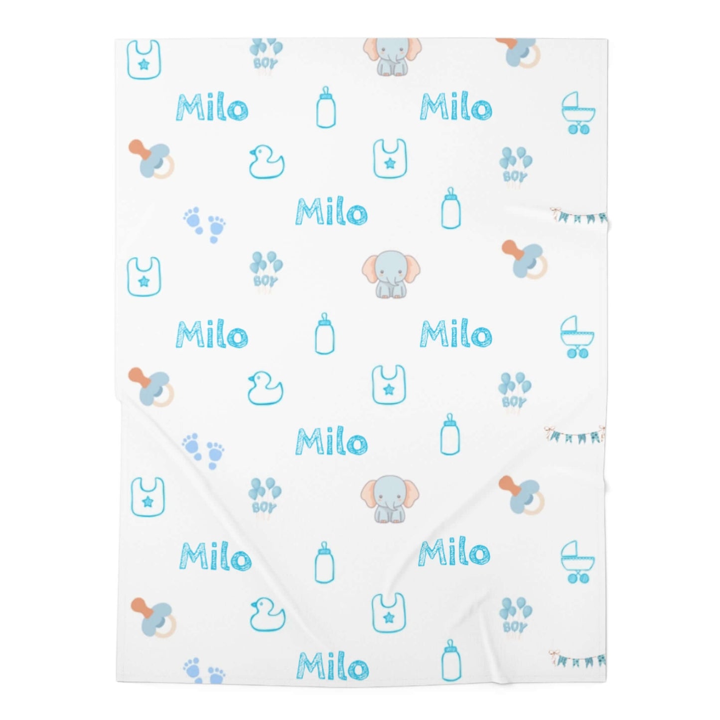 Personalized Baby Boy Blanket – Custom Swaddle with Name & Nursery Icons featuring cheerful icons and name Milo in blue.