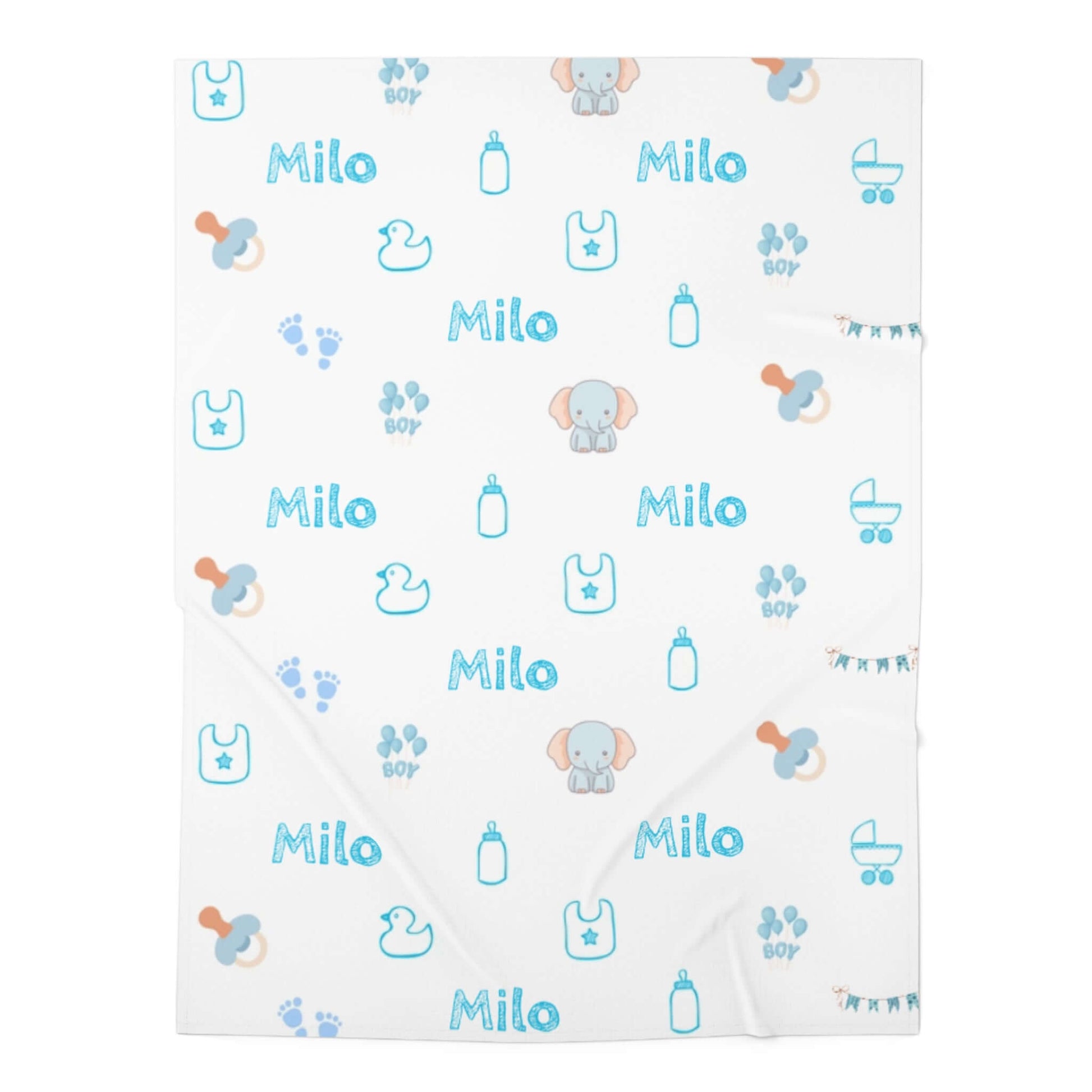 Personalized Baby Boy Blanket – Custom Swaddle with Name & Nursery Icons featuring cheerful icons and name Milo in blue.