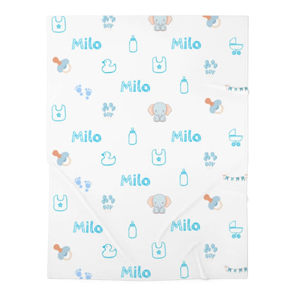 Personalized Baby Boy Blanket – Custom Swaddle with Name & Nursery Icons featuring cheerful icons and name Milo in blue.